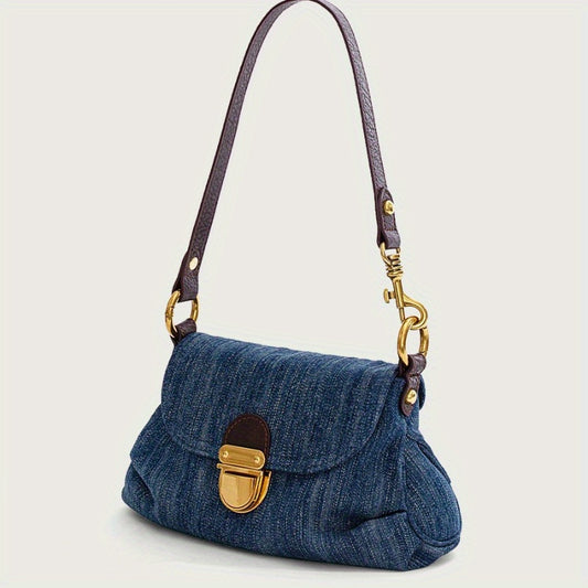 realaiot  Vintage Denim Shoulder Bag, Women's Buckle Decor Handbag, Fashion Flap Underarm Purse