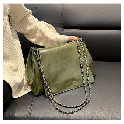 realaiot  Vintage Chain Crossbody Bag, Women's PU Leather Shoulder Bag, Fashion Flap Handbag & Purse