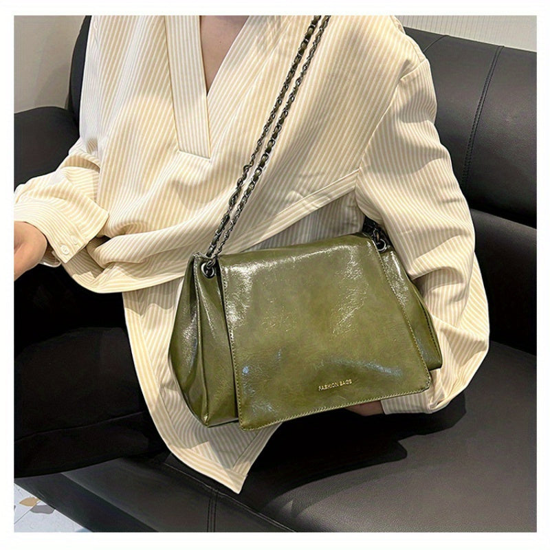 realaiot  Vintage Chain Crossbody Bag, Women's PU Leather Shoulder Bag, Fashion Flap Handbag & Purse