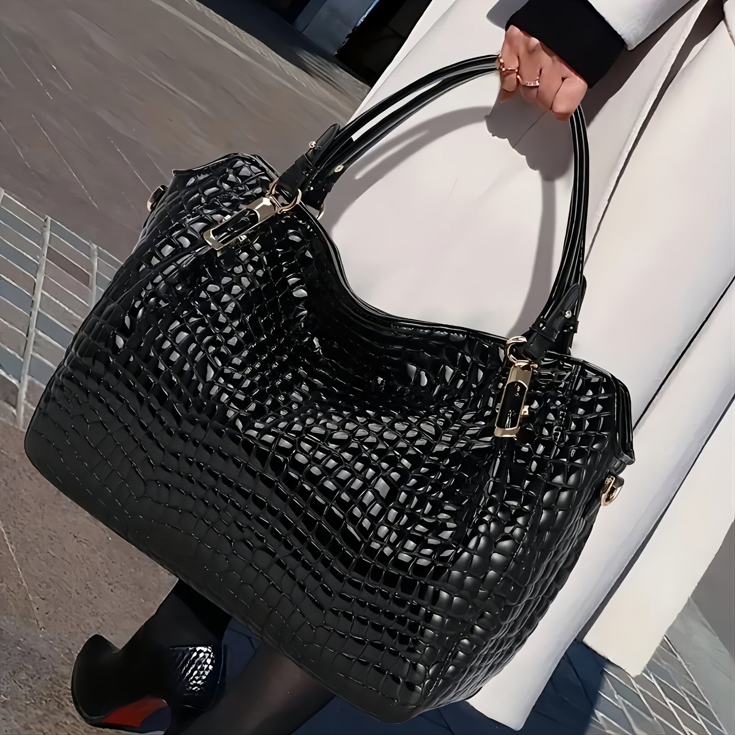 realaiot  Crocodile Pattern Tote Bag, Luxury Leather Shoulder Bag, Women's Large Capacity Handbag For Office & Work