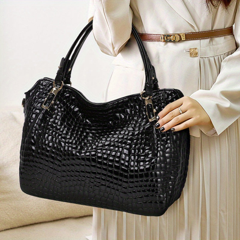 realaiot  Crocodile Pattern Tote Bag, Luxury Leather Shoulder Bag, Women's Large Capacity Handbag For Office & Work