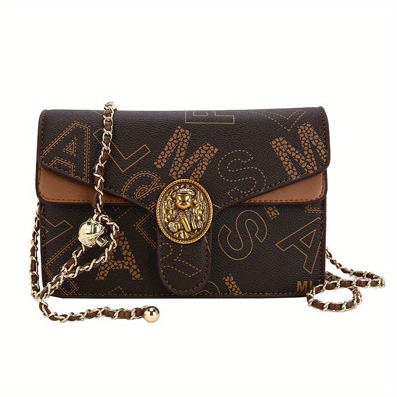 realaiot  Letter Print Crossbody Bag, Retro Chain Shoulder Bag, Women's Fashion Square Handbag