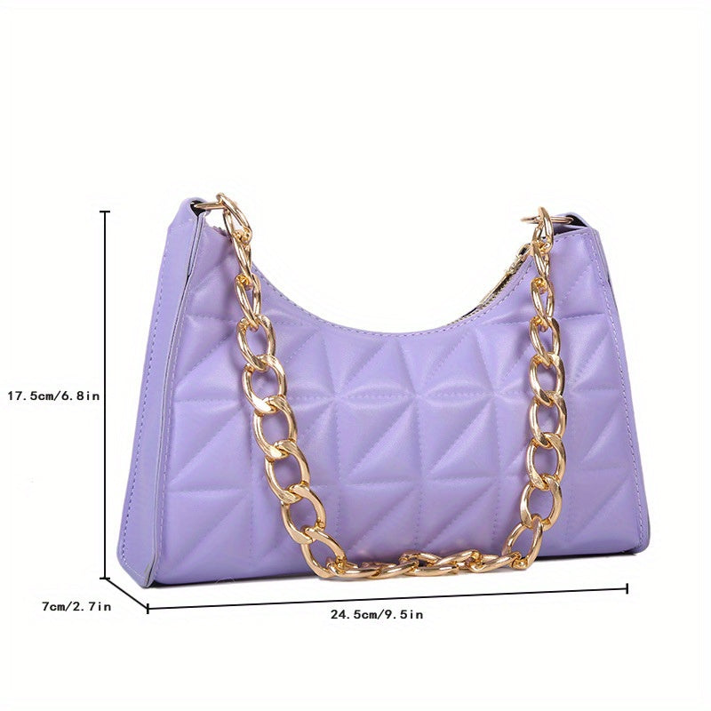 realaiot  Trendy Geometric Blocks Quilted Shoulder Bag, Solid Color Zipper Chain Handle Bag, Perfect Underarm Bag For Daily Use