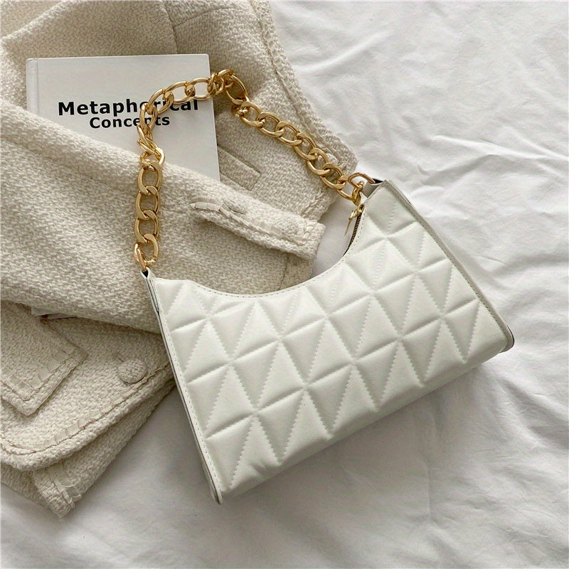 realaiot  Trendy Geometric Blocks Quilted Shoulder Bag, Solid Color Zipper Chain Handle Bag, Perfect Underarm Bag For Daily Use