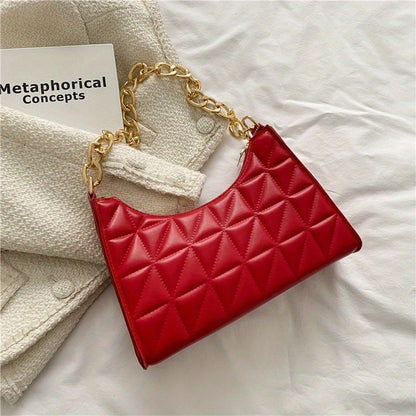 realaiot  Trendy Geometric Blocks Quilted Shoulder Bag, Solid Color Zipper Chain Handle Bag, Perfect Underarm Bag For Daily Use