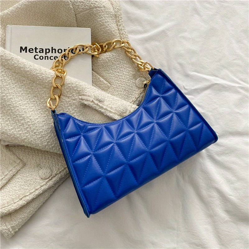 realaiot  Trendy Geometric Blocks Quilted Shoulder Bag, Solid Color Zipper Chain Handle Bag, Perfect Underarm Bag For Daily Use