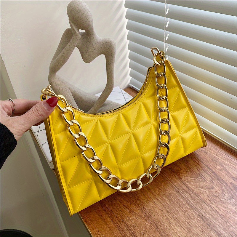 realaiot  Trendy Geometric Blocks Quilted Shoulder Bag, Solid Color Zipper Chain Handle Bag, Perfect Underarm Bag For Daily Use