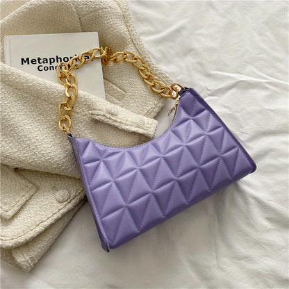 realaiot  Trendy Geometric Blocks Quilted Shoulder Bag, Solid Color Zipper Chain Handle Bag, Perfect Underarm Bag For Daily Use