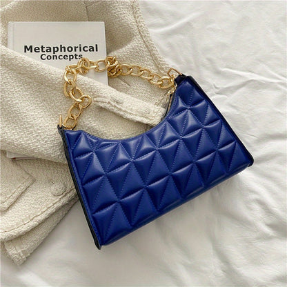 realaiot  Trendy Geometric Blocks Quilted Shoulder Bag, Solid Color Zipper Chain Handle Bag, Perfect Underarm Bag For Daily Use