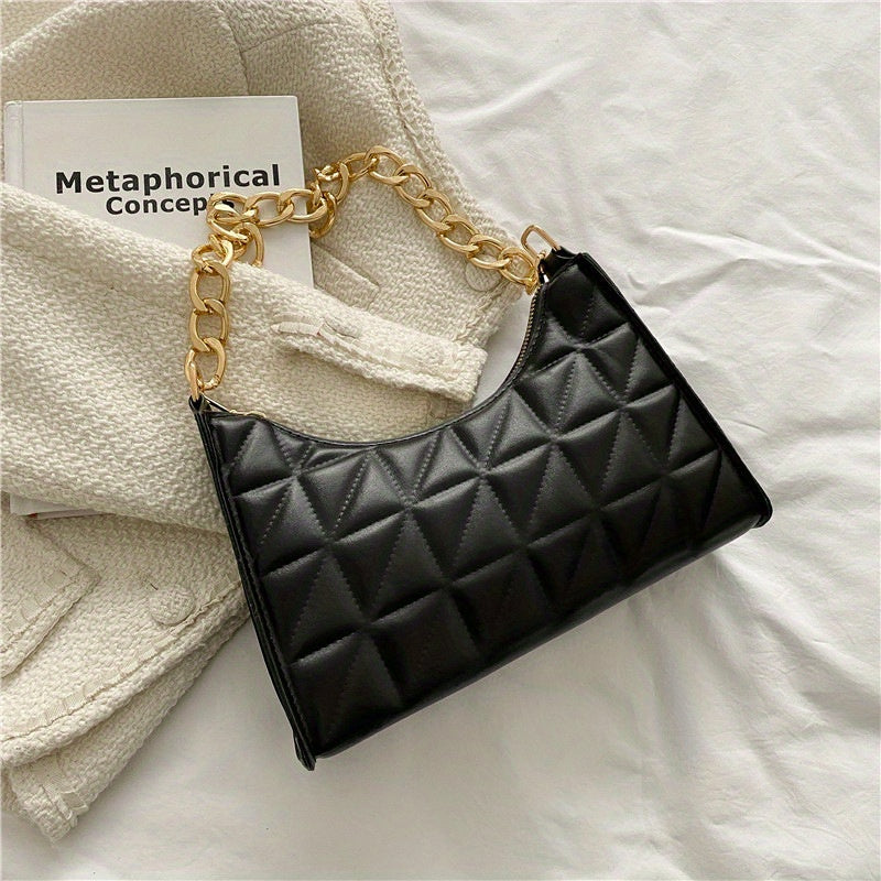 realaiot  Trendy Geometric Blocks Quilted Shoulder Bag, Solid Color Zipper Chain Handle Bag, Perfect Underarm Bag For Daily Use