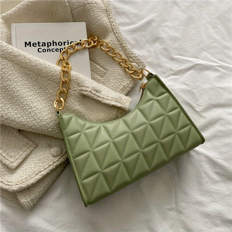 realaiot  Trendy Geometric Blocks Quilted Shoulder Bag, Solid Color Zipper Chain Handle Bag, Perfect Underarm Bag For Daily Use