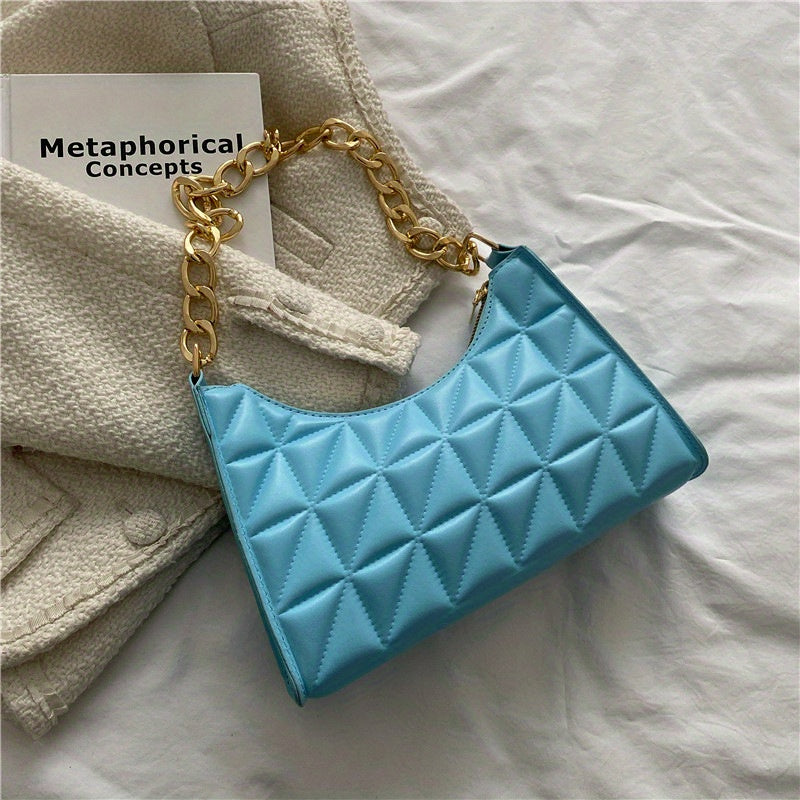 realaiot  Trendy Geometric Blocks Quilted Shoulder Bag, Solid Color Zipper Chain Handle Bag, Perfect Underarm Bag For Daily Use