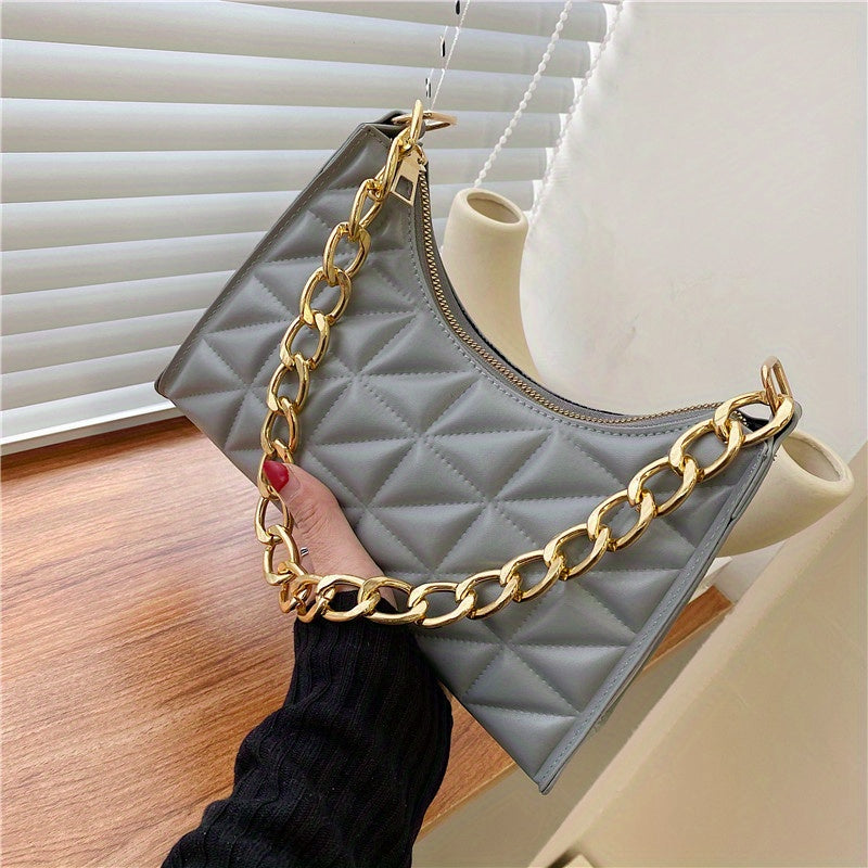 realaiot  Trendy Geometric Blocks Quilted Shoulder Bag, Solid Color Zipper Chain Handle Bag, Perfect Underarm Bag For Daily Use