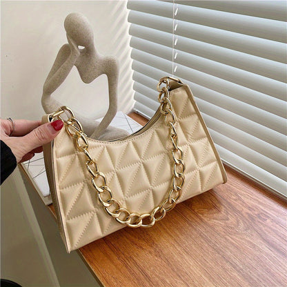 realaiot  Trendy Geometric Blocks Quilted Shoulder Bag, Solid Color Zipper Chain Handle Bag, Perfect Underarm Bag For Daily Use