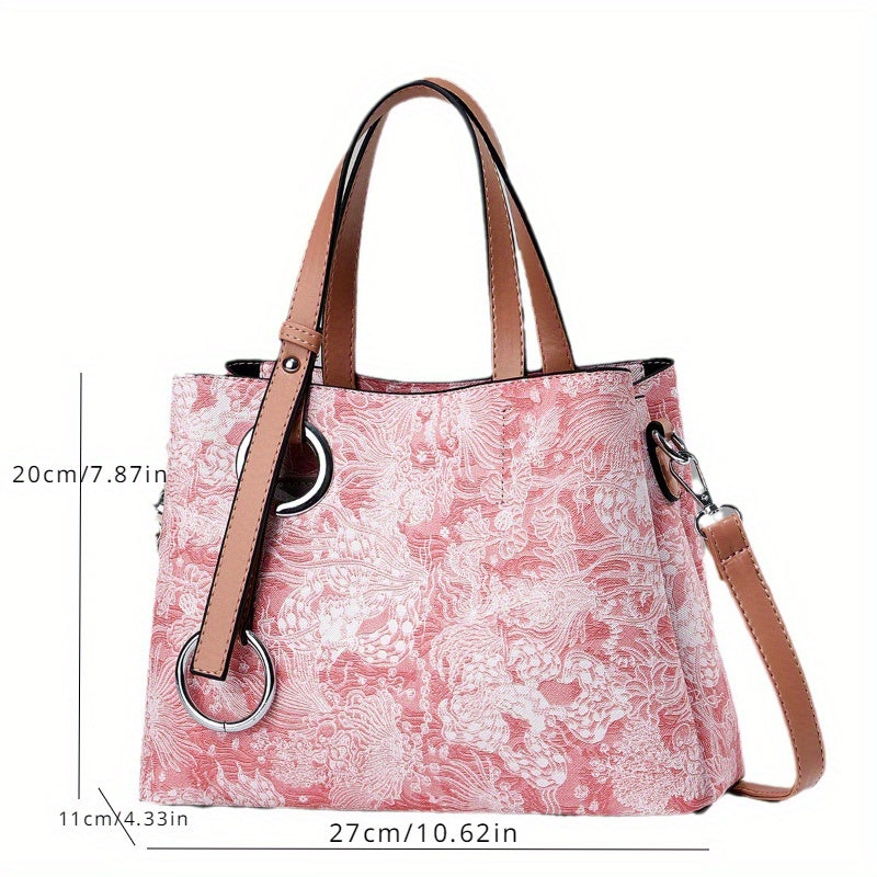 realaiot  Classic Flower Pattern Shoulder Bag, Elegant Textured Top Handle Satchel Bag For Women