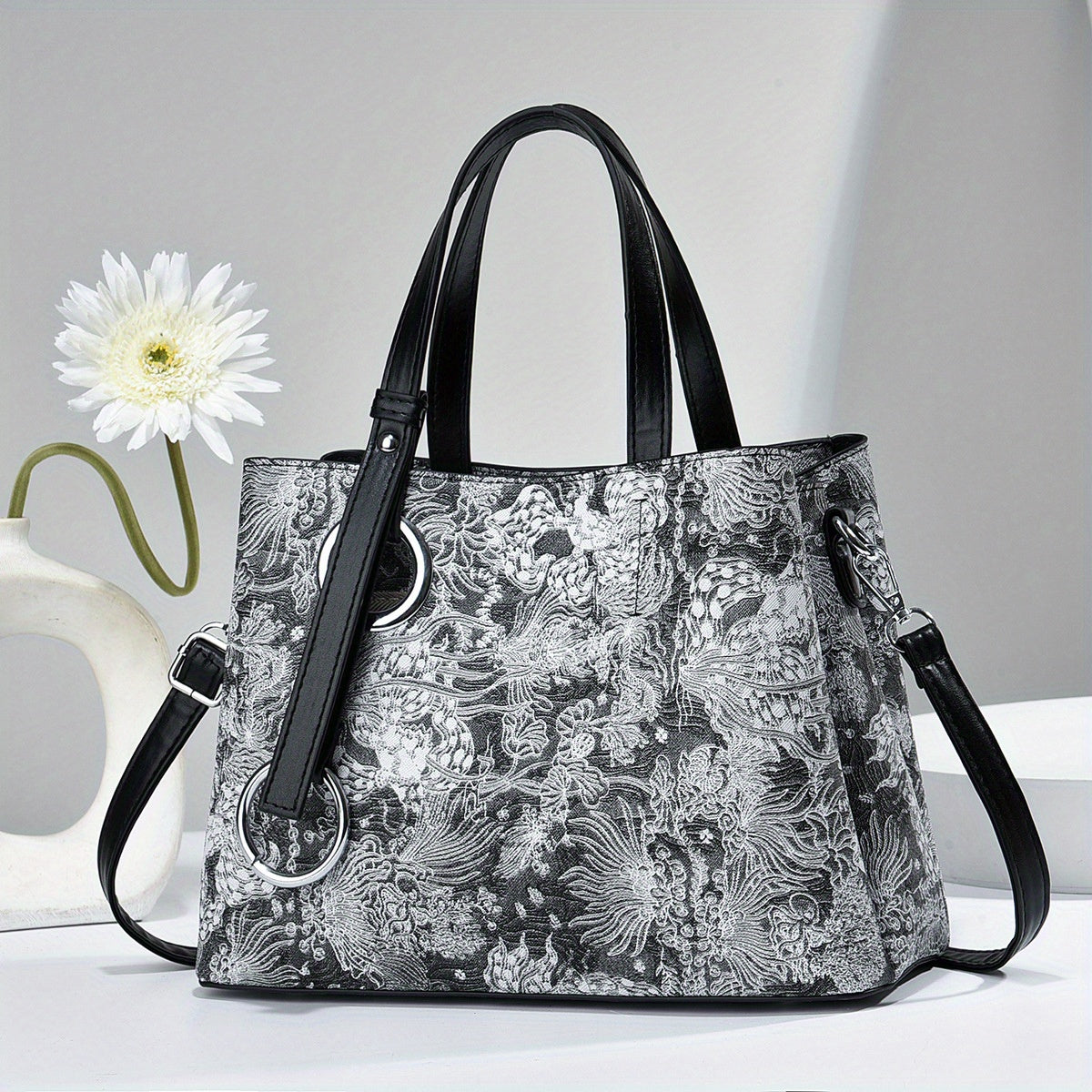 realaiot  Classic Flower Pattern Shoulder Bag, Elegant Textured Top Handle Satchel Bag For Women