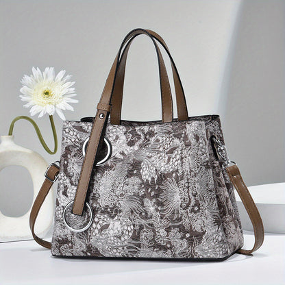 realaiot  Classic Flower Pattern Shoulder Bag, Elegant Textured Top Handle Satchel Bag For Women