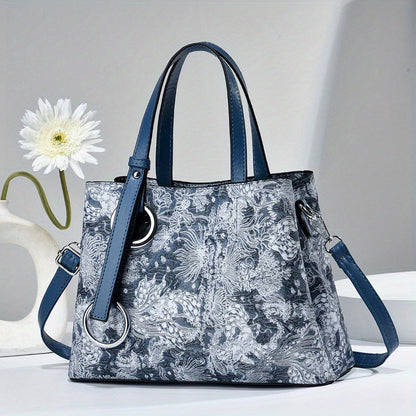 realaiot  Classic Flower Pattern Shoulder Bag, Elegant Textured Top Handle Satchel Bag For Women