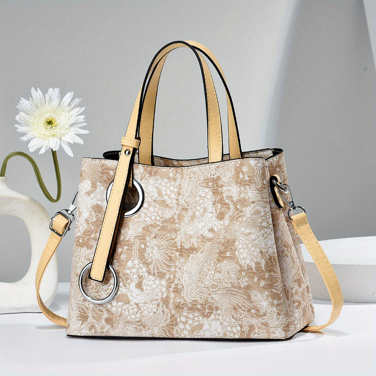 realaiot  Classic Flower Pattern Shoulder Bag, Elegant Textured Top Handle Satchel Bag For Women