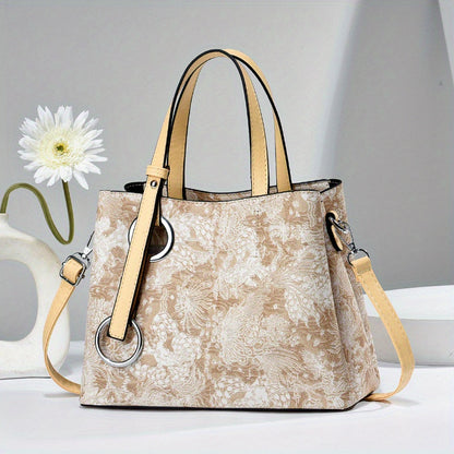 realaiot  Classic Flower Pattern Shoulder Bag, Elegant Textured Top Handle Satchel Bag For Women