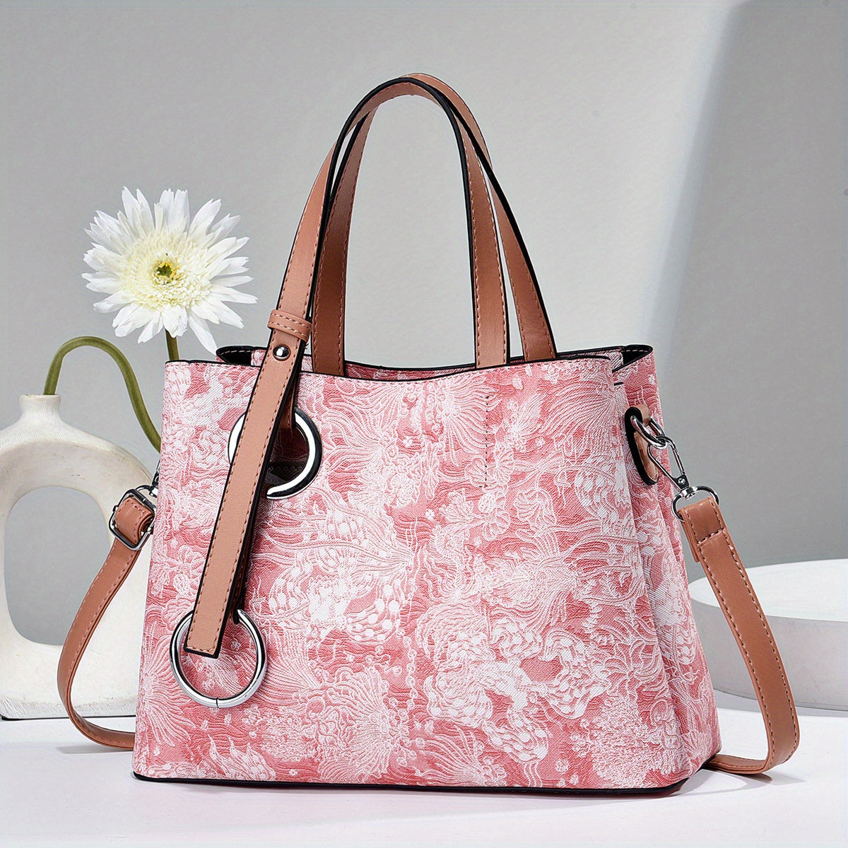 realaiot  Classic Flower Pattern Shoulder Bag, Elegant Textured Top Handle Satchel Bag For Women