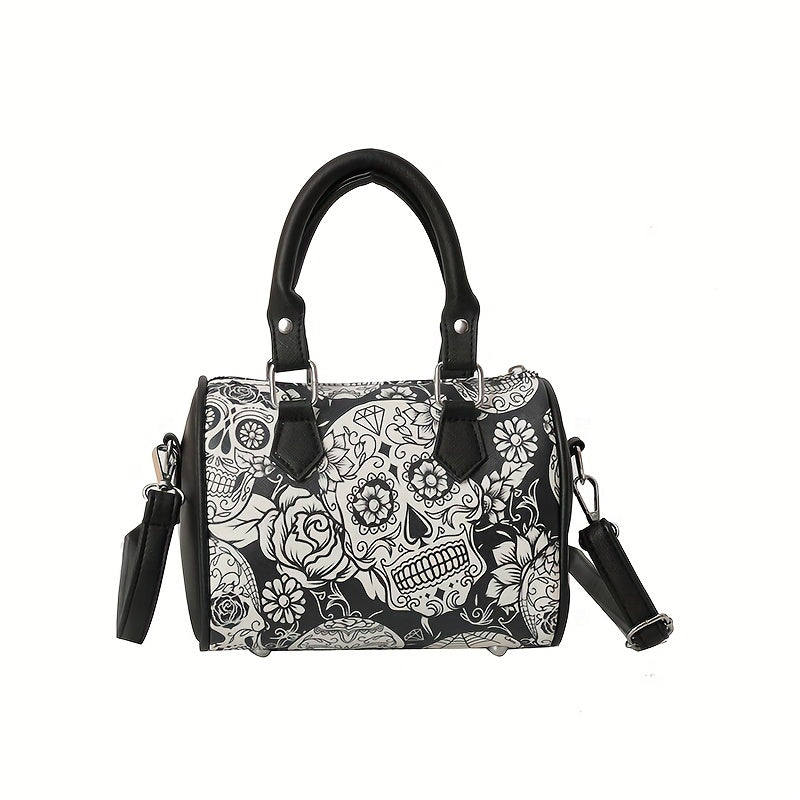 realaiot Gothic Skull Print Boston Bag, Punk Y2K Crossbody Bag, Women's Trendy Handbag & Shoulder Tote Purse For Halloween