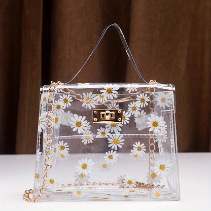 Daisy Pattern Transparent Shoulder Chain Bag, Stylish Turn-Lock Handbag, Women's Purse