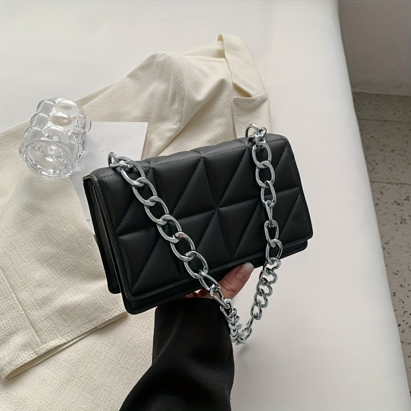 Triangle Pattern Thick Metal Chain Underarm Bag, PU Leather Textured Bag Purse, Fashion Versatile Baguette Bag
