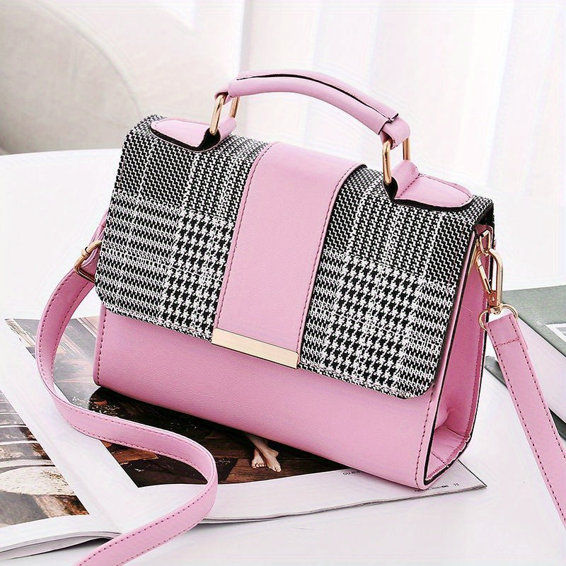 Trendy Plaid Pattern Handbags, Snap Button Crossbody Bag, Women's Top Handle Flap Purses For Everyday