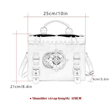 realaiotSteampunk Rivet Handbag, Gothic Retro Briefcase Crossbody Bag, Vintage Top Handle Satchel Bag