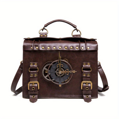 realaiotSteampunk Rivet Handbag, Gothic Retro Briefcase Crossbody Bag, Vintage Top Handle Satchel Bag