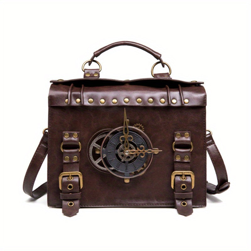 realaiotSteampunk Rivet Handbag, Gothic Retro Briefcase Crossbody Bag, Vintage Top Handle Satchel Bag