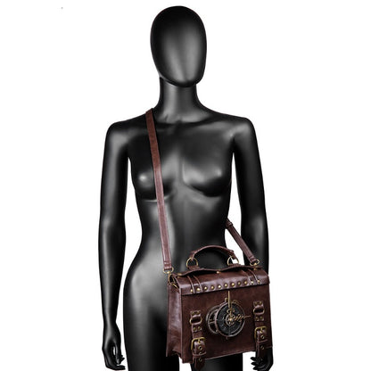 realaiotSteampunk Rivet Handbag, Gothic Retro Briefcase Crossbody Bag, Vintage Top Handle Satchel Bag