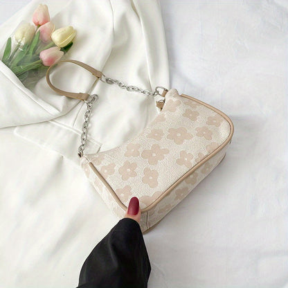 realaiot Trendy Flower Pattern Shoulder Bag, Women Chain Underarm Bag, Small Handbag & Zipper Purse