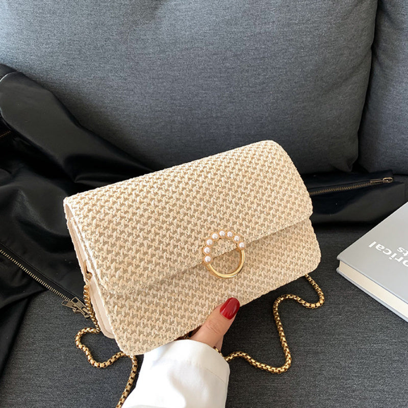 realaiot Fashionable Flap Square Bag, Faux Pearl Decor Party Dinner Bag, Simple Elegant Chain Shoulder Bag For Shopping Dating