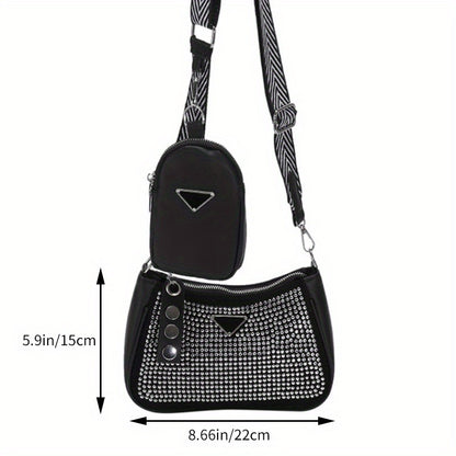 Classic Rhinestone Decor Crossbody Bag With Mini Hanging Purse, Shiny Zipper Shoulder Bag, Mini Bag With Wide Strap