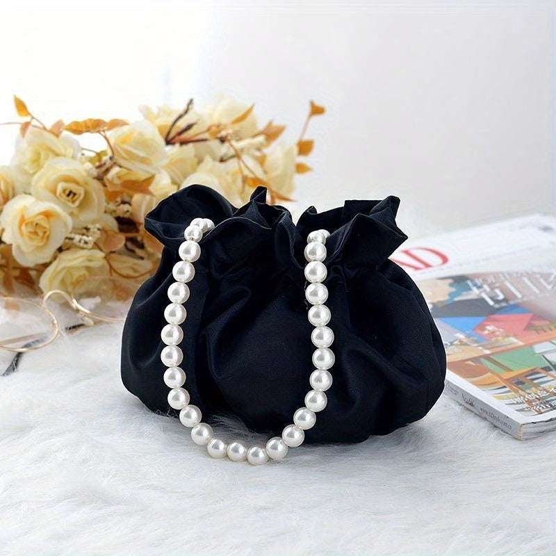 realaiot  1PC Elegant Handbag Satin Faux Pearls Handbag Bridesmaid Bridal Bag Women Girls Birthday Gifts