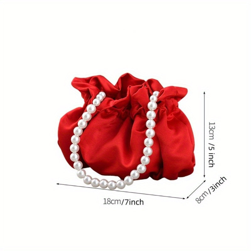 realaiot  1PC Elegant Handbag Satin Faux Pearls Handbag Bridesmaid Bridal Bag Women Girls Birthday Gifts