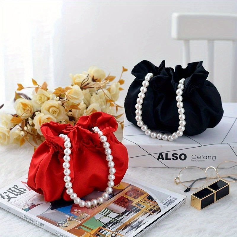 realaiot  1PC Elegant Handbag Satin Faux Pearls Handbag Bridesmaid Bridal Bag Women Girls Birthday Gifts