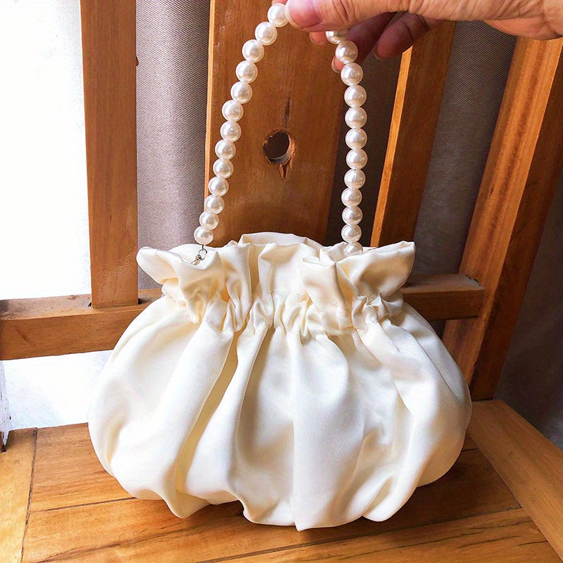 realaiot  1PC Elegant Handbag Satin Faux Pearls Handbag Bridesmaid Bridal Bag Women Girls Birthday Gifts