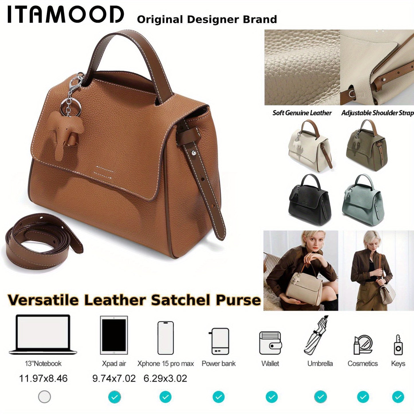 realaiot  ITAMOOD Genuine Leather Handbag, Women Luxury Crossbody Bag, Fashion Top Handle Flap Purse