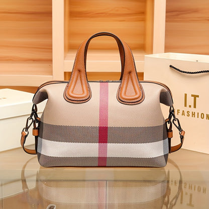 realaiot Vintage Plaid Pattern Tote Bag, Classic PVC Shoulder Bag, Women's Fashion Handbag For Commute Work