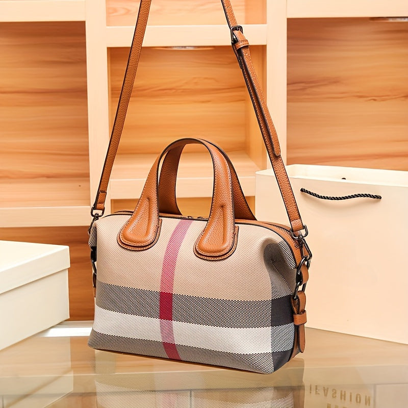 Vintage Plaid Pattern Tote Bag, Classic PVC Shoulder Bag, Women's Fashion Handbag For Commute Work