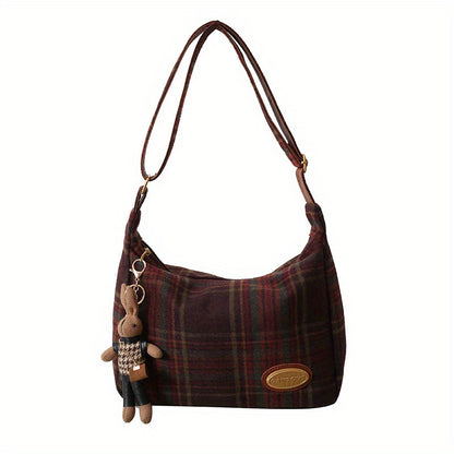 realaiot  Retro Tweed Shoulder Bag, Plaid Pattern Crossbody Bag, Autumn And Winter Tote Bag For Women