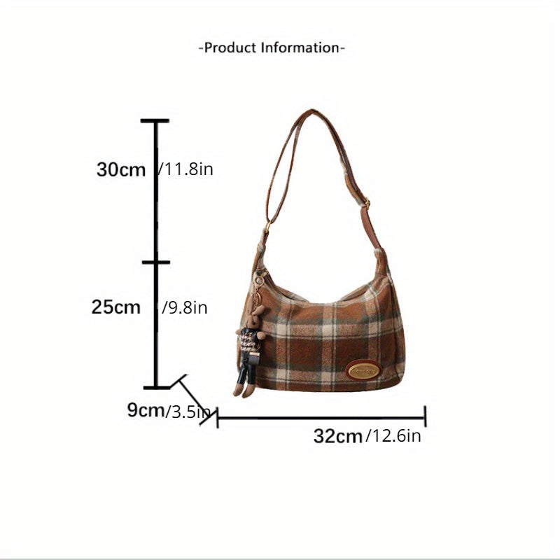 realaiot  Retro Tweed Shoulder Bag, Plaid Pattern Crossbody Bag, Autumn And Winter Tote Bag For Women