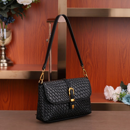 realaiot Trendy Woven Shoulder Bag, Luxury Solid Color Handbag, Women's Buckle Flap Purse Square Handbag