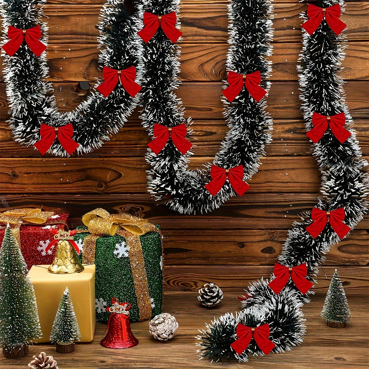 1 Set, 30LED Christmas Tinsel Garland Artificial Christmas Garland With LED Lights Battery Xmas Metallic Twist Hanging Garland Fireplace Mantel Wreath Decor For Staircase Railing Indoor Outdoor Ornaments