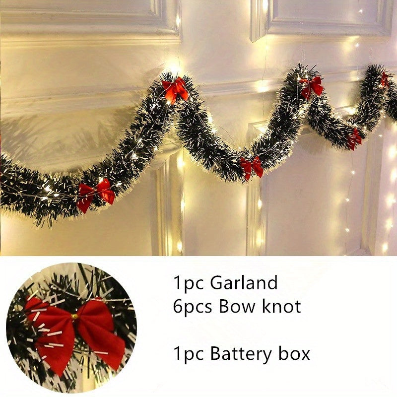 1 Set, 30LED Christmas Tinsel Garland Artificial Christmas Garland With LED Lights Battery Xmas Metallic Twist Hanging Garland Fireplace Mantel Wreath Decor For Staircase Railing Indoor Outdoor Ornaments