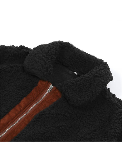 Womens Fleece Jackets Solid Zip Up Sherpa Shacket Short Coats Long Sleeve Fuzzy Patchwork Jacket Fall Winter Outerwear