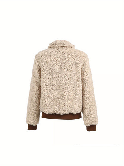 Womens Fleece Jackets Solid Zip Up Sherpa Shacket Short Coats Long Sleeve Fuzzy Patchwork Jacket Fall Winter Outerwear